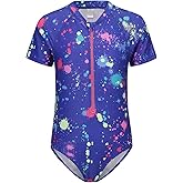Girls One Piece Rash Guard Swimsuits for Girl Short Sleeve Bathing Suits with Front Zipper Sun Protection Swimwear 3-16 Years