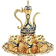 Alvinlite Small Vintage Turkish Coffee Pot Set, Turkish Tea Set with 6 Coffee Cups, Golden Wine Decanter and Glasses Set, Turkish Copper Coffee Cup Set for Home Tea Party 40ml/Cup(Blue)