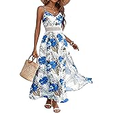 Women's Hawaiian Maxi Dresses Summer Floral Boho Sleeveless V-Neck Flowy Beach Vacation Dresses Spaghetti Straps
