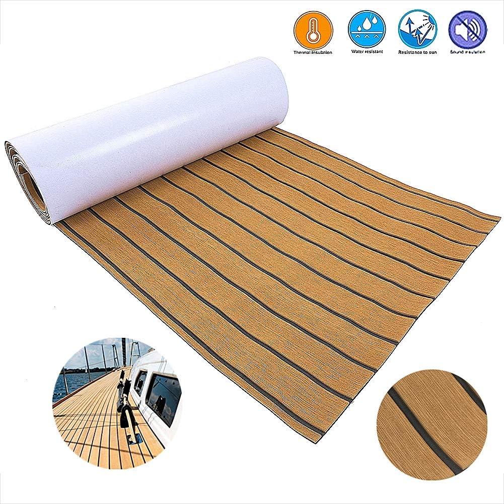 Decking Floor Sheet, EVA Imitation Teak Self-Adhesive Decking Sheet for Surfboard Boat Yacht Flooring Mat Carpet Pad(Brown & Black Strips)