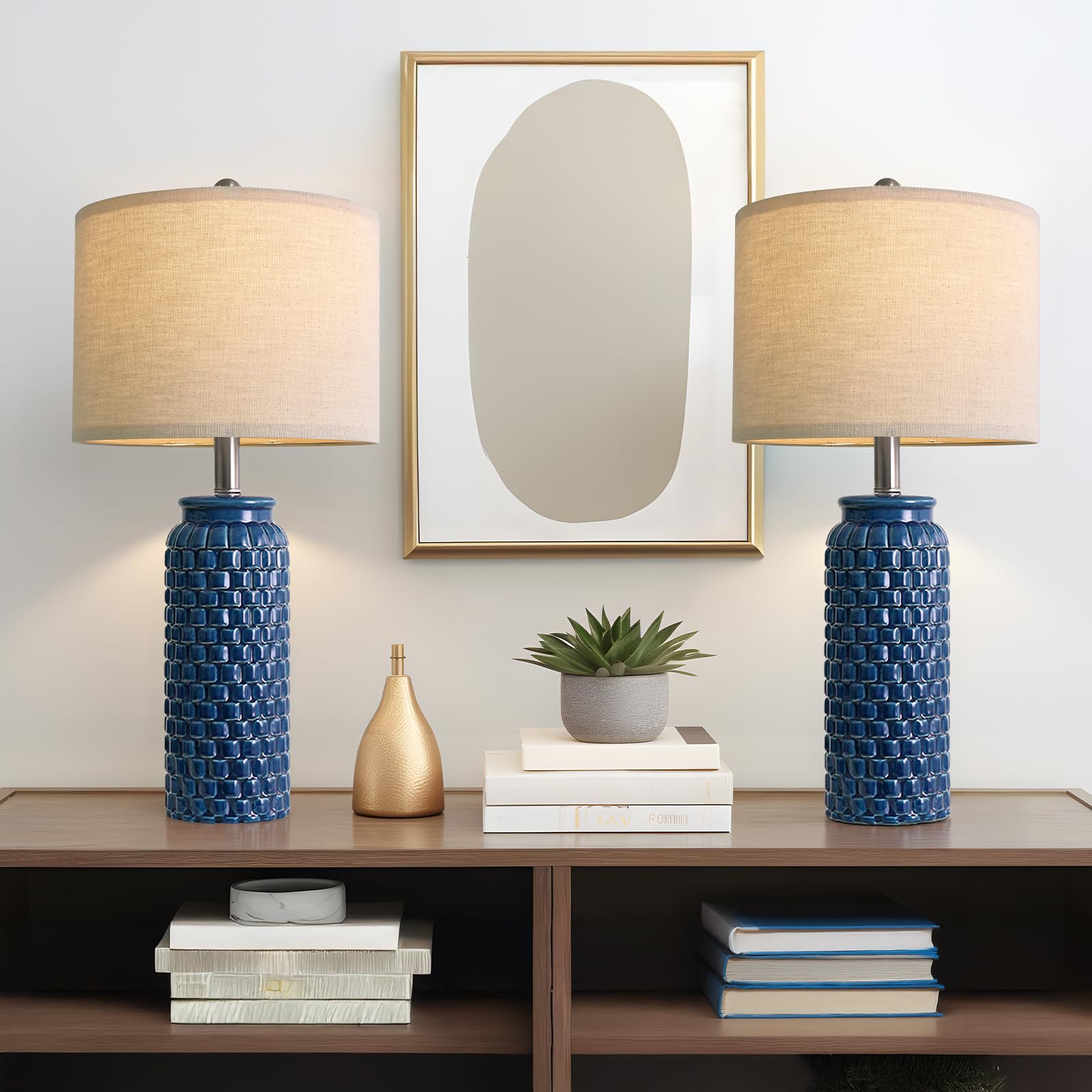 USumkky 24 inches Modern Ceramic Dark Blue Bedside Lamp Set of 2 for Bedroom Decor Farmhouse Table Lamp for Living Room Office Dorm Image