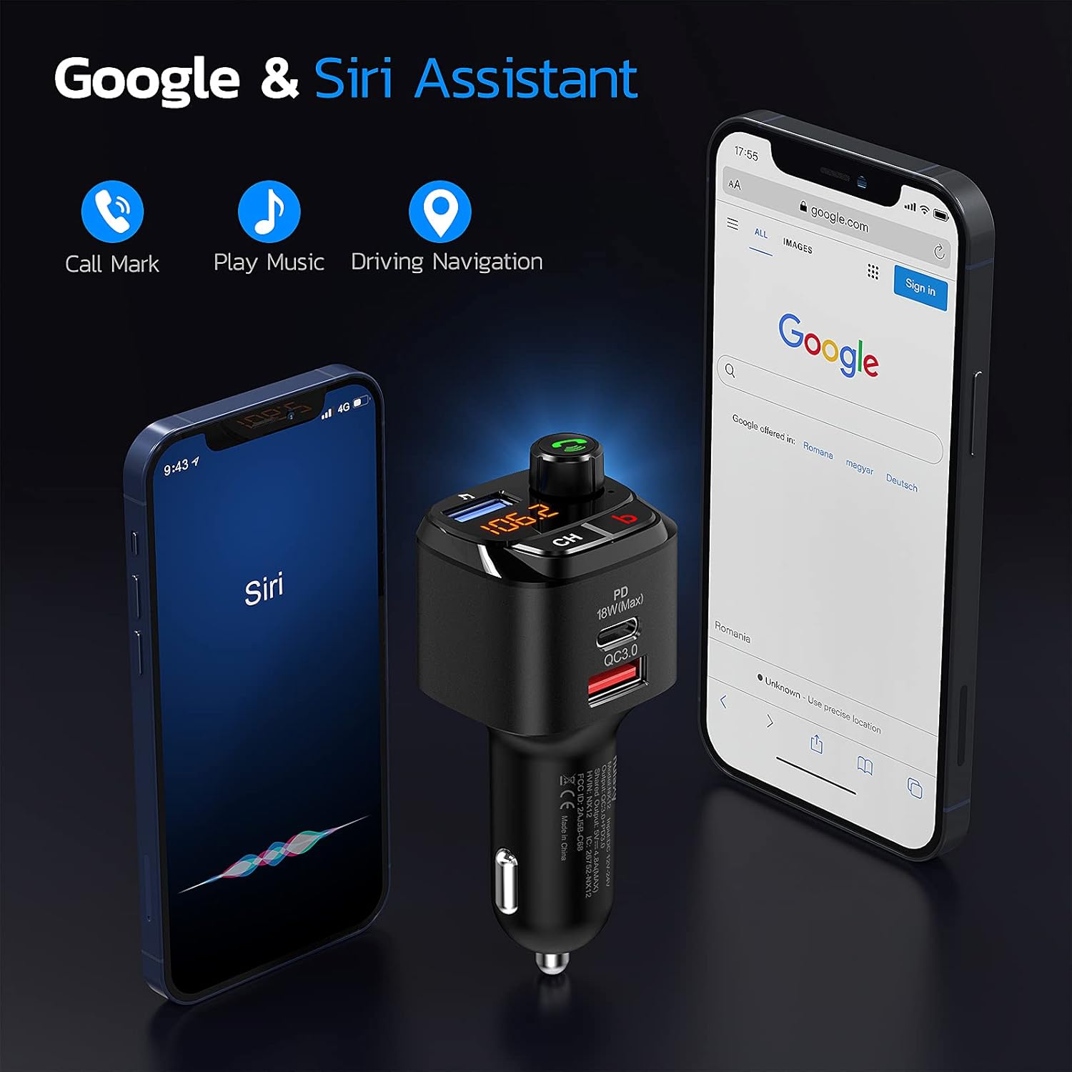 Nulaxy Bluetooth 5.0 FM Transmitter for Car, QC3.0 & USB-C PD 18W Wireless Bluetooth Radio Adapter Music Player/Car Kit with Bass Booster, Hands-Free Calls, Siri Google Assistant -NX12: Car Electronics