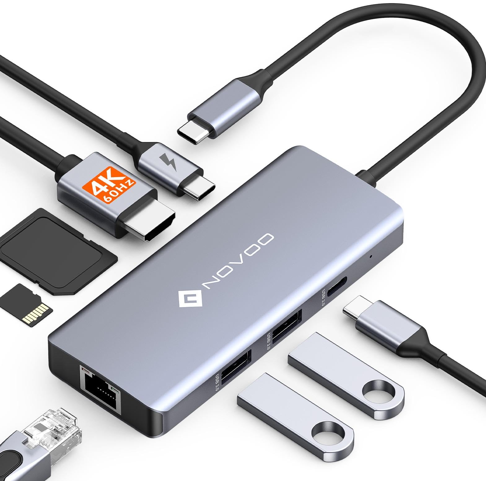 NOVOO USB C Hub 4K @ 60Hz HDMI 8-in-1 Adapter Gigabit Ethernet Docking Station with 100W PD, SD/TF Card Reader, 2 USB-A 3.0+1 USB-C Data Ports for MacBook Pro, MacBook Air, HP and More Type C Devices