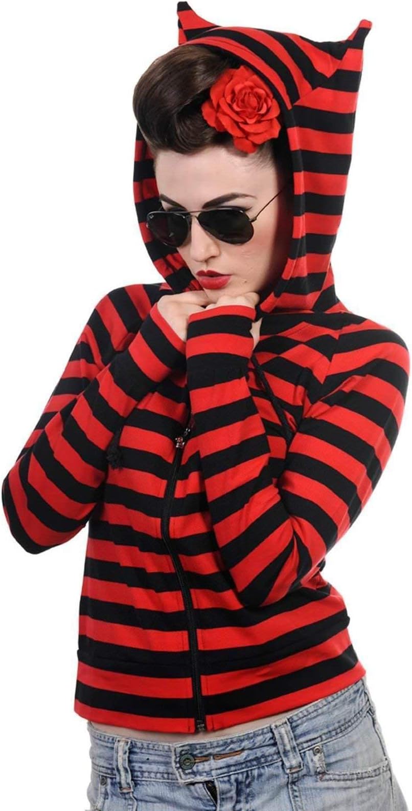 Cat Ears Striped Alternative Lightweight Hoodie - UK 10 (S) / Red