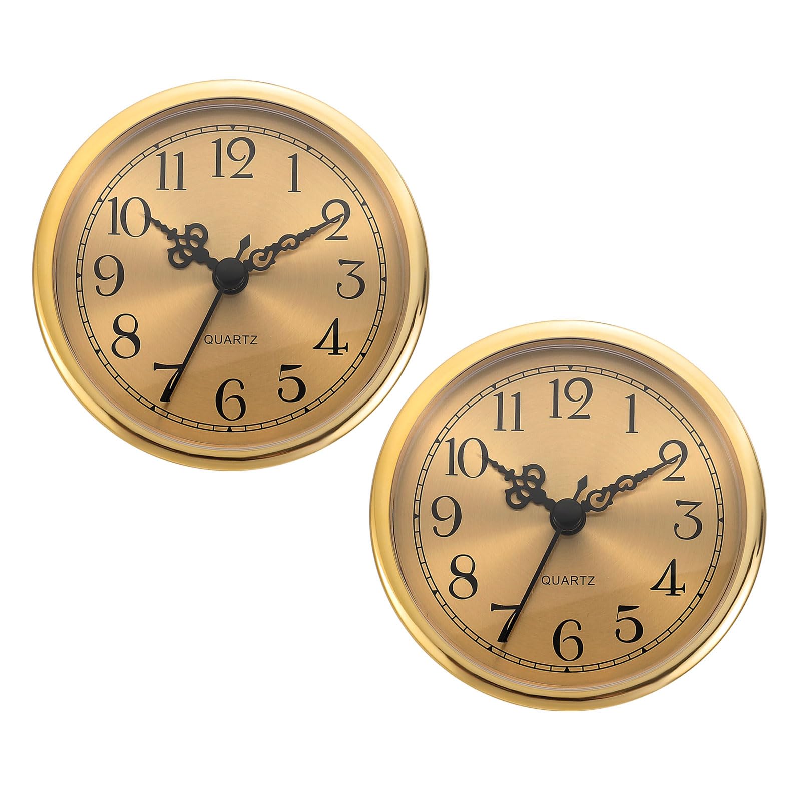 PATIKIL 3.5" 90mm Quartz Clock Insert, 2 Pcs Round Quartz Movement Miniature Clock Mini Arabic Numeral Clock Fit 78mm/3.1" Diameter Hole for Replacement Home, Gold Tone, Style 2
