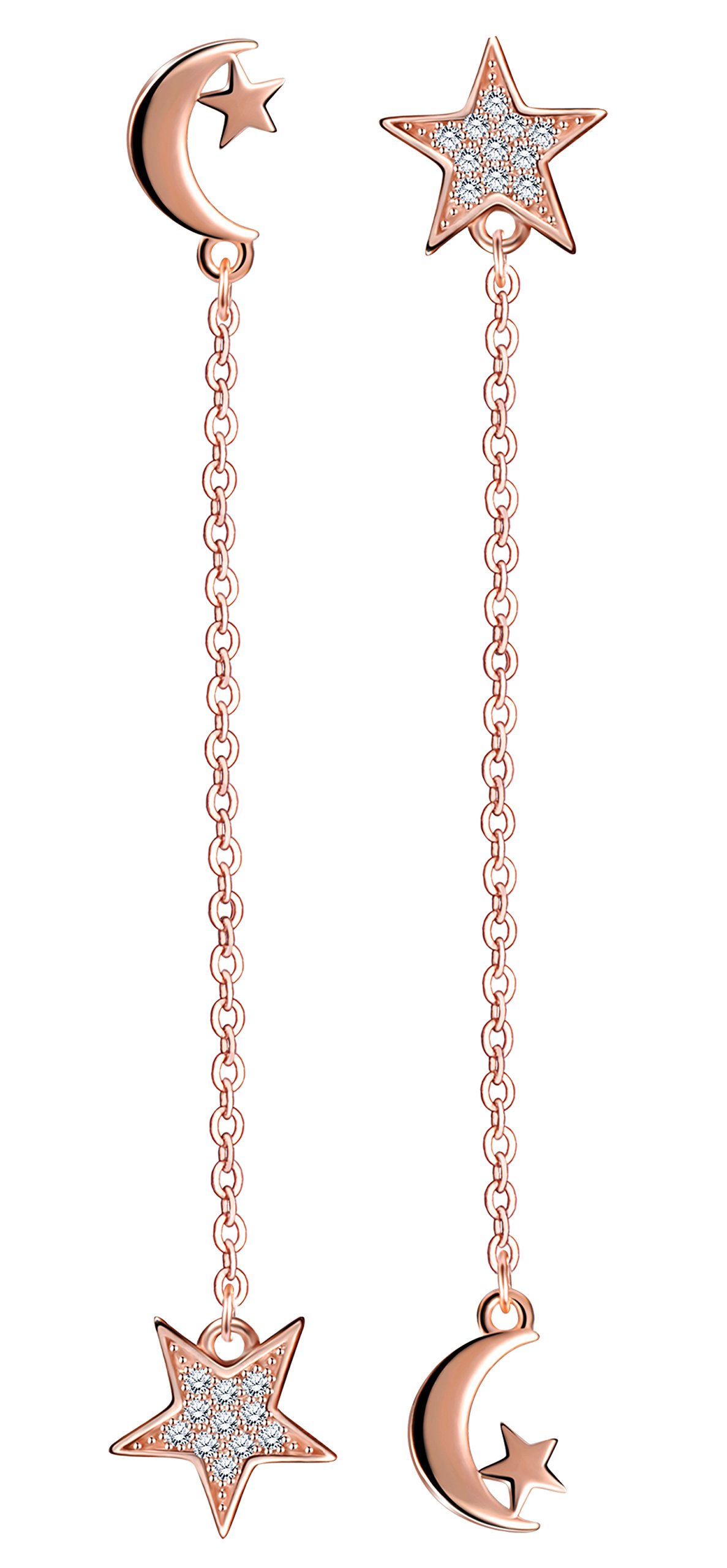 Infinite U Girl's 925 Sterling Silver Cubic Zirconia Moon and Star Drop Earrings, Rose Gold Plated