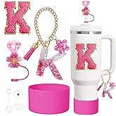 7PCS Stanley Cup Accessories Set for Stanley Cup 30oz 40oz Tumbler with Handle,Including Straw Topper Cover Cap and Boot,Spill Proof Stopper,Handle Charm,Initials Sticker (Rose pink K)