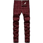 YIHUILONG Plaid Pants for Men, Stretch Mens Slim Fit Dress Pants Skinny Flat-Front Fashion Business Casual Chinos Pants