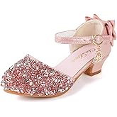 ChuLian Girls Sandals Little Kids Glitter Bow Dress Shoes Crystal Low Heel Sequins Princess Sandals Toddler Flower Wedding Party Shoes Pink 27 Back 1