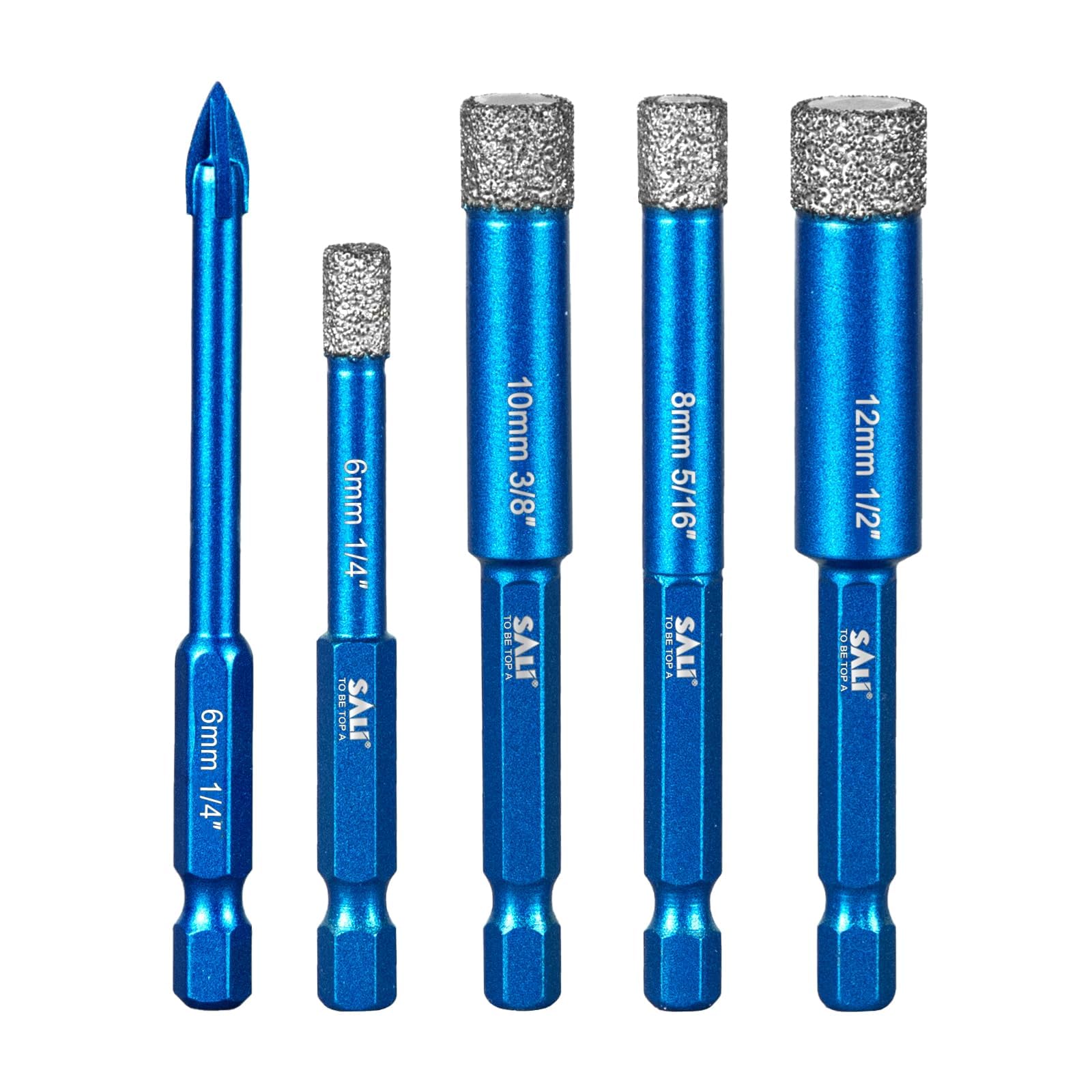 SALI Diamond Core Drill Bits Set 5pcs(6/8/10/12/6mm) Tile Hole Saws Vacuum Brazed Hole Saw with Hex Shank for Glass Ceramic Porcelain Tiles Marble Brick Granite Quartz Fit Angle Grinders Drills