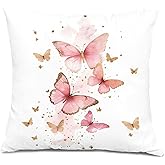 XUNLURY Pink and Gold Butterfly Pillow Covers 18x18, Butterfly Room Decor for Girls, Pastel Aesthetic Moth Decorative Throw Pillow Covers for Girls Bedroom Nursery Dorm Apartment Home