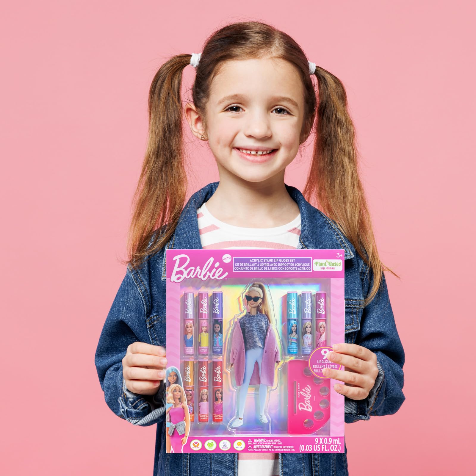 Barbie Lip Gloss with Acrylic Stand for Storage and Display, Plant Based Lip Gloss, Perfect for Parties, Sleepovers, Makeovers, Birthday Gift for Girls, Age 3+, by Townley Girl