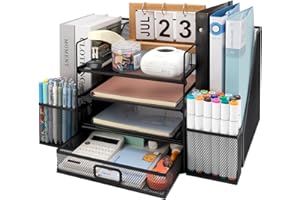MOSA BEAR Desk Organizer with File Holder, 4-Tier Paper Letter Tray Mesh Desk Organizer with Drawer and 2 Pen Holder for Office Supplies(Black)