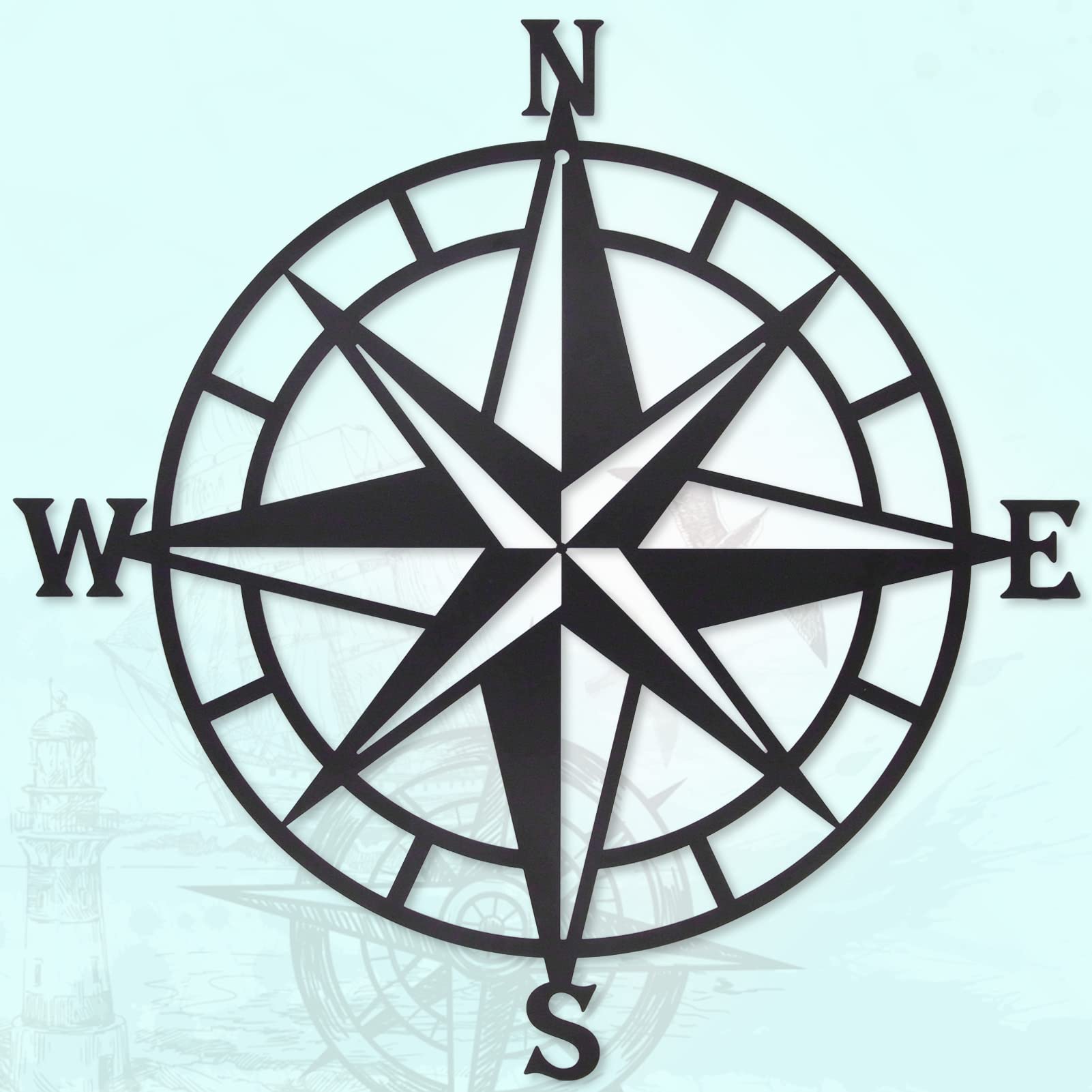 Resama Black Metal Décorative Nautical Compass Wall Decor, Indoor or Outdoor Wall Hanging Art Perfect for Beach Themes