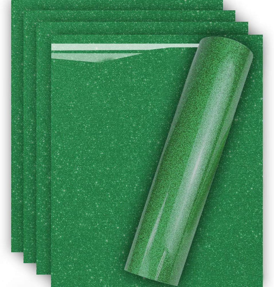 Tvinyl Warehouse Green Glitter HTV Heat Transfer Vinyl for T-Shirt 12" X 10"(Pack of 5), Easy to Weed and Iron on, Guaranteed Size