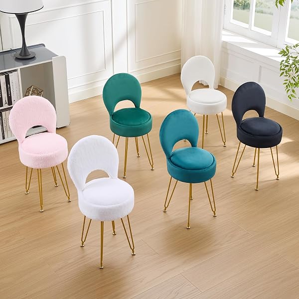 RUCUKEN VELVET GREEN SMALL VANITY CHAIR & STOOL – 13″ DX13 W FOLDING BACK STORAGE OTTOMAN, ANTI-SLIP GOLDEN V-LEG FOR BEDROOM MAKEUP ROOM