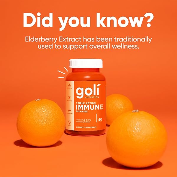 GOLI IMMUNE VITAMIN GUMMY – 60 COUNT – ELDERBERRY, VITAMIN C, D & ZINC, VEGAN, NON-GMO, GLUTEN-FREE & GELATIN-FREE, PACK OF 1