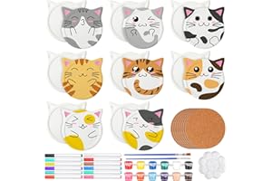 Yungyan 8 Sets Color Your Own Cat Shaped Ceramic Coasters Funny Paintable Cat Coasters with Stick Cork Bases DIY Coasters Kit for Kids Adults Drinks DIY Craft Project Activity Cat Lovers Gifts