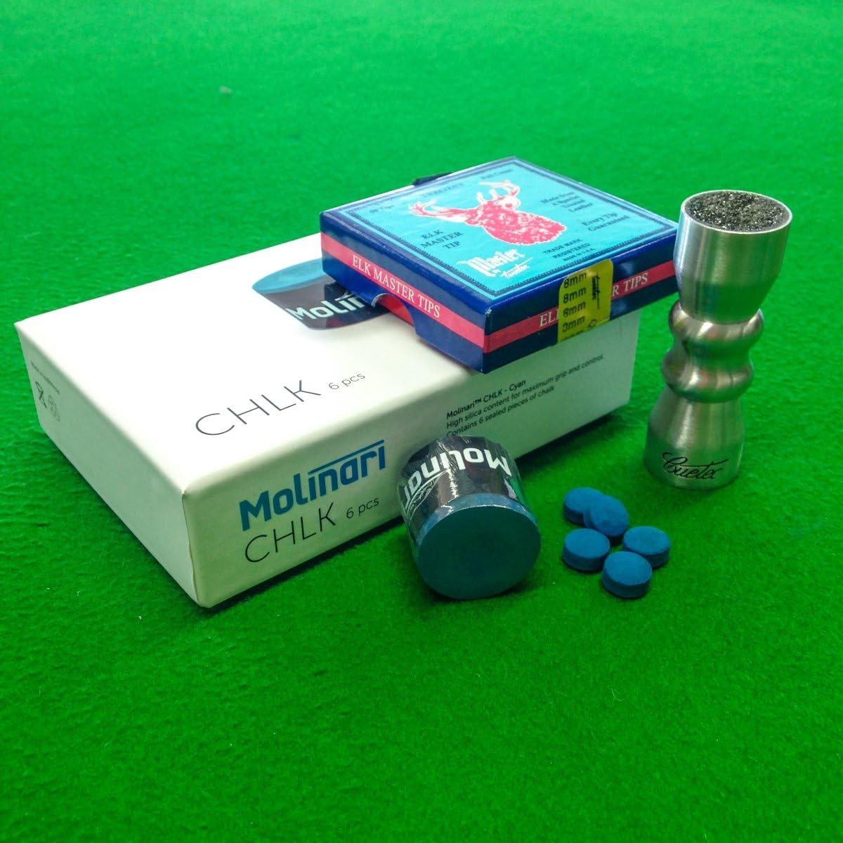 Elkmaster Snooker or Pool Cue Tips, Molinari Cue Chalk & Cuetec Bowtie Accessory Kit