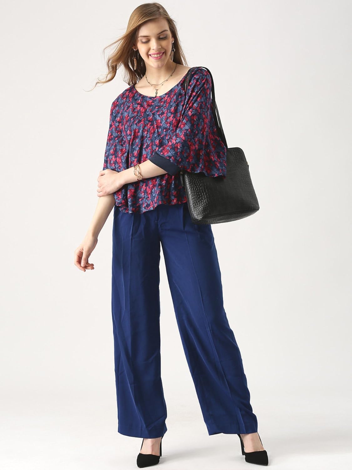 marie claire women blue & red floral print cape top (mc404)