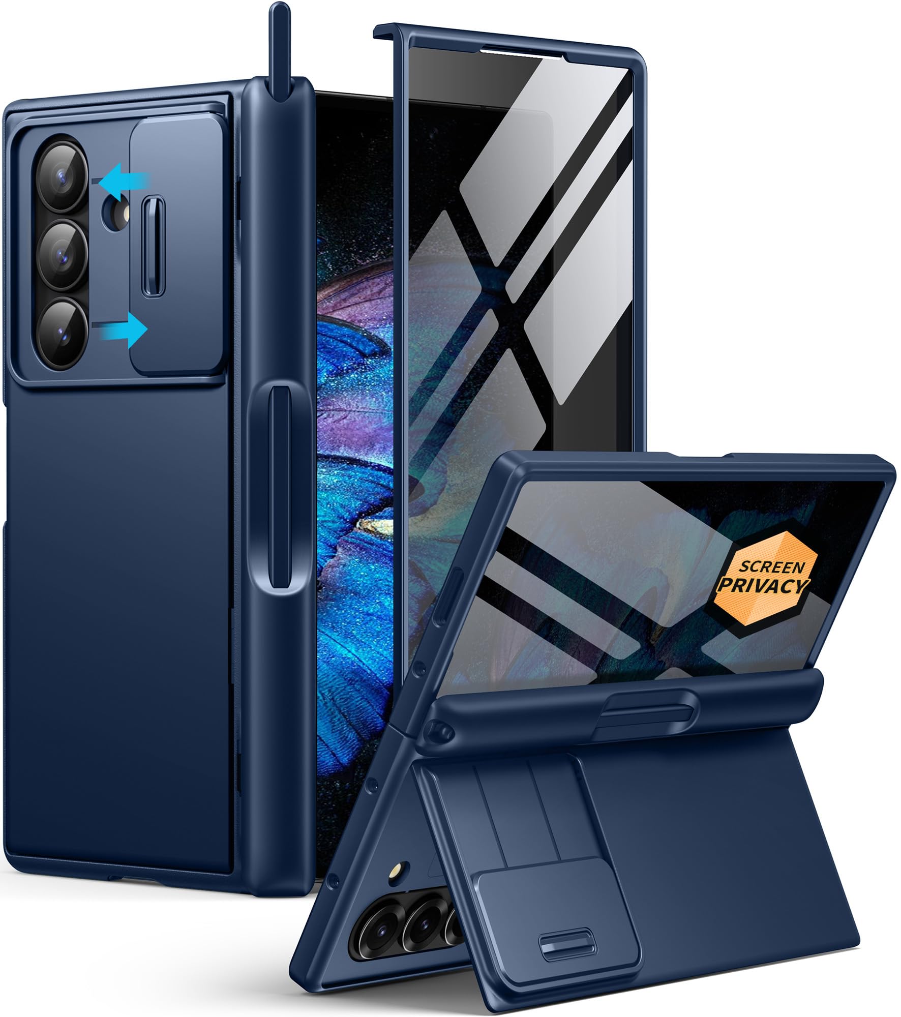 Photo 1 of BERFY for Z Fold 7 Case with Stylus and Pen Holder, [Anti Spy] Hidden Kickstand & Slide Camera Cover & Hinge Protective, Full Body Shockproof Slim Hard Phone Case for Samsung Galaxy Z Fold 7, Blue