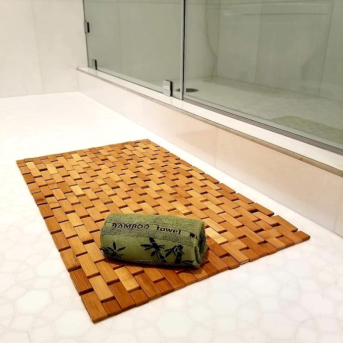 Elegant Bamboo Bath Mat & Bamboo Hand Towel Set NonSlip and Water