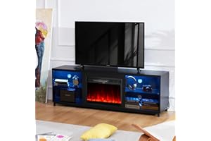 oneinmil 68 Inch Modern Fireplace TV Stand for TV up to 78 Inch for Living Room, TV Cabinet with 3D Electric Fireplace, Wood Storage TV Console, Media Entertainment Center with Cable Holes，Black