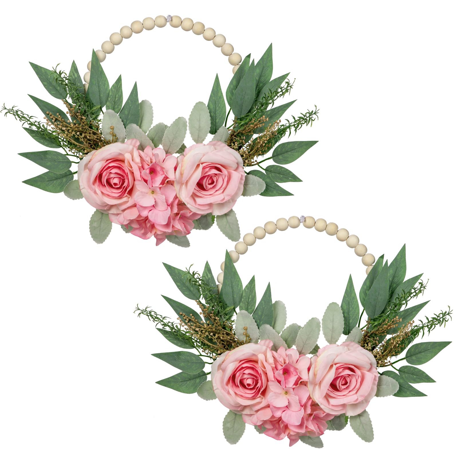 Oairse 2pcs Artificial Flowers Wreath Spring Summer Floral Wreath Wood Beads Wreath with Pink Rose Hydrangea, Green Eucalyptus Leaves for Front Door Window Wall Wedding Farmhouse Decor