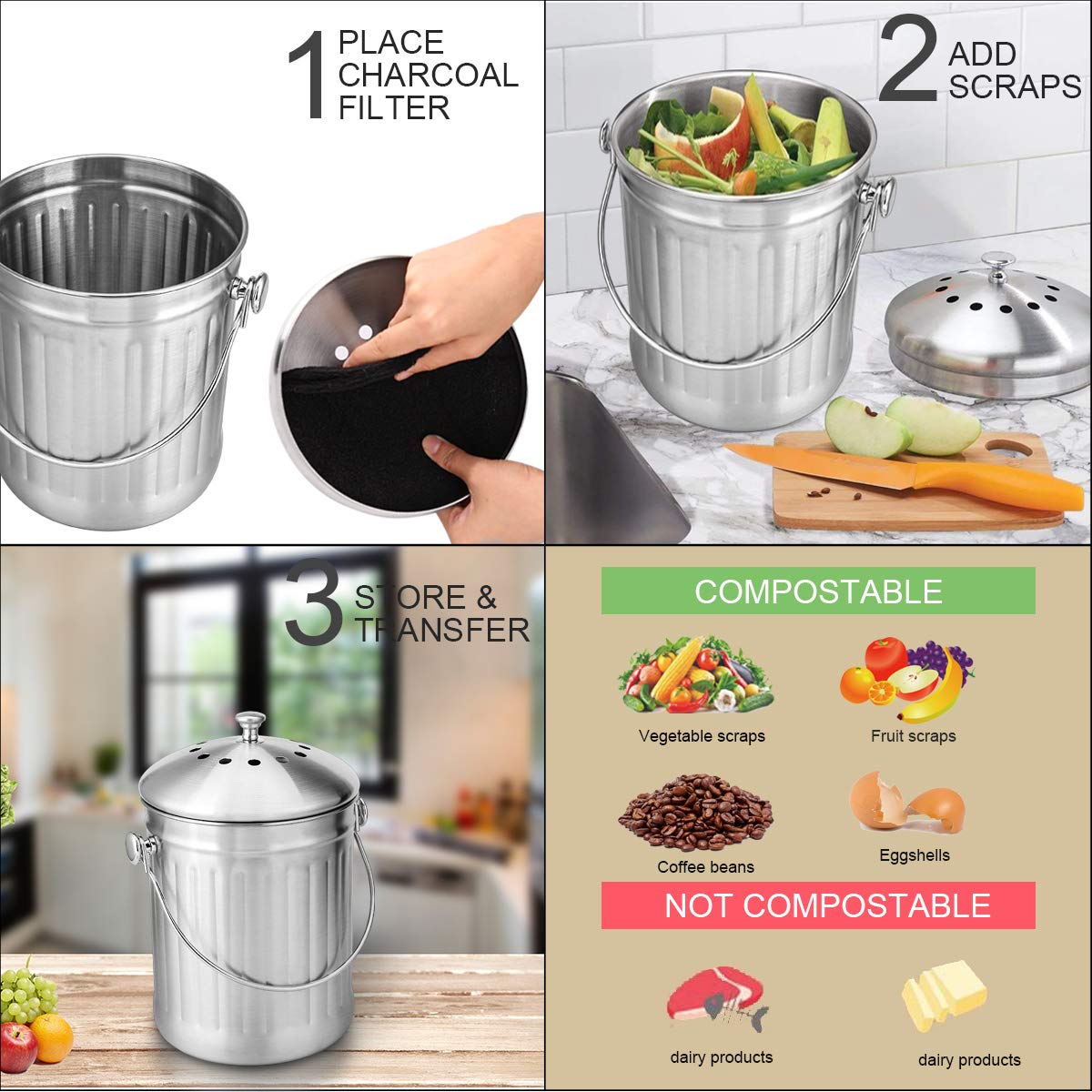 ENLOY Compost Bin, Stainless Steel Indoor Compost Bucket for Kitchen