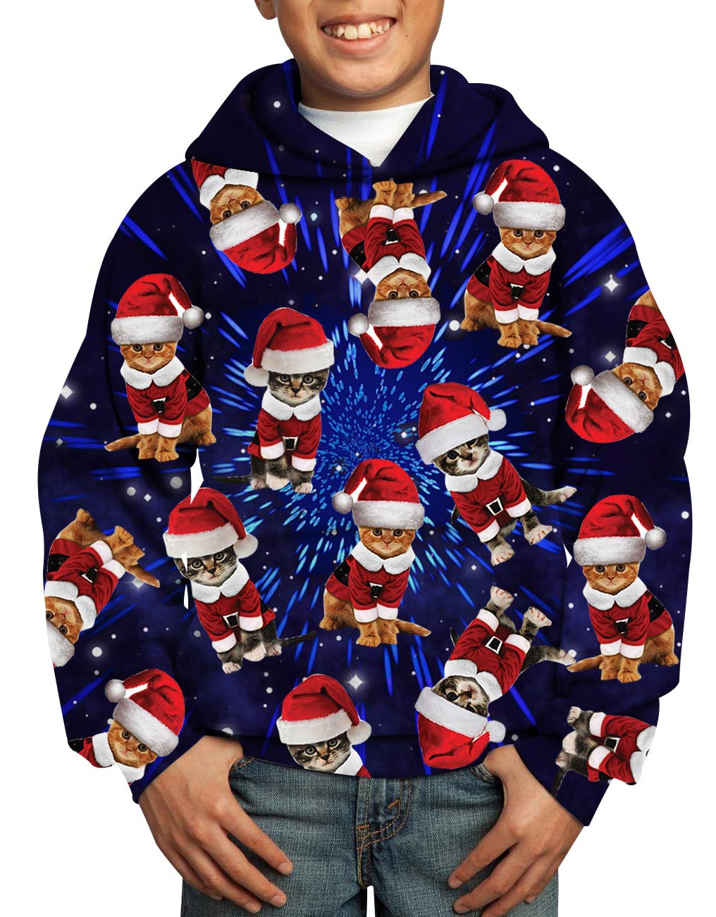 UNICOMIDEA 8-10T Kids Hoodies Ugly Christmas Sweatshirt Cute Printed Christams Cat Digital Pattern Jackets for Boys Winter Tops with Big Pocket,Blue,Size XL