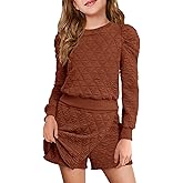 Haloumoning Girls 2 Piece Fall Outfits Clothing Sets Kids Puff Long Sleeve Argyle Sweatshirts and Wrap Skorts 5-14 Years