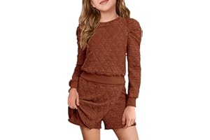 Haloumoning Girls 2 Piece Fall Outfits Clothing Sets Kids Puff Long Sleeve Argyle Sweatshirts and Wrap Skorts 5-14 Years