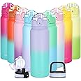 Oldley Insulated Water Bottle with Straw 20oz Stainless Steel Water Bottles with 3 lids Double-Wall Vacuum Thermal for Kids Adults School Sports,Purple green