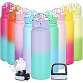 Oldley Insulated Water Bottle with Straw 20oz Stainless Steel Water Bottles with 3 lids Double-Wall Vacuum Thermal for Kids Adults School Sports,Purple green