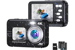 HICSHON Underwater Camera, Selfie Dual Screens 4K 48MP 11FT Autofocus Waterproof Digital Camera for Snorkeling,16X Zoom, 64GB Card, 2 Batteries, Fill Light (Black)