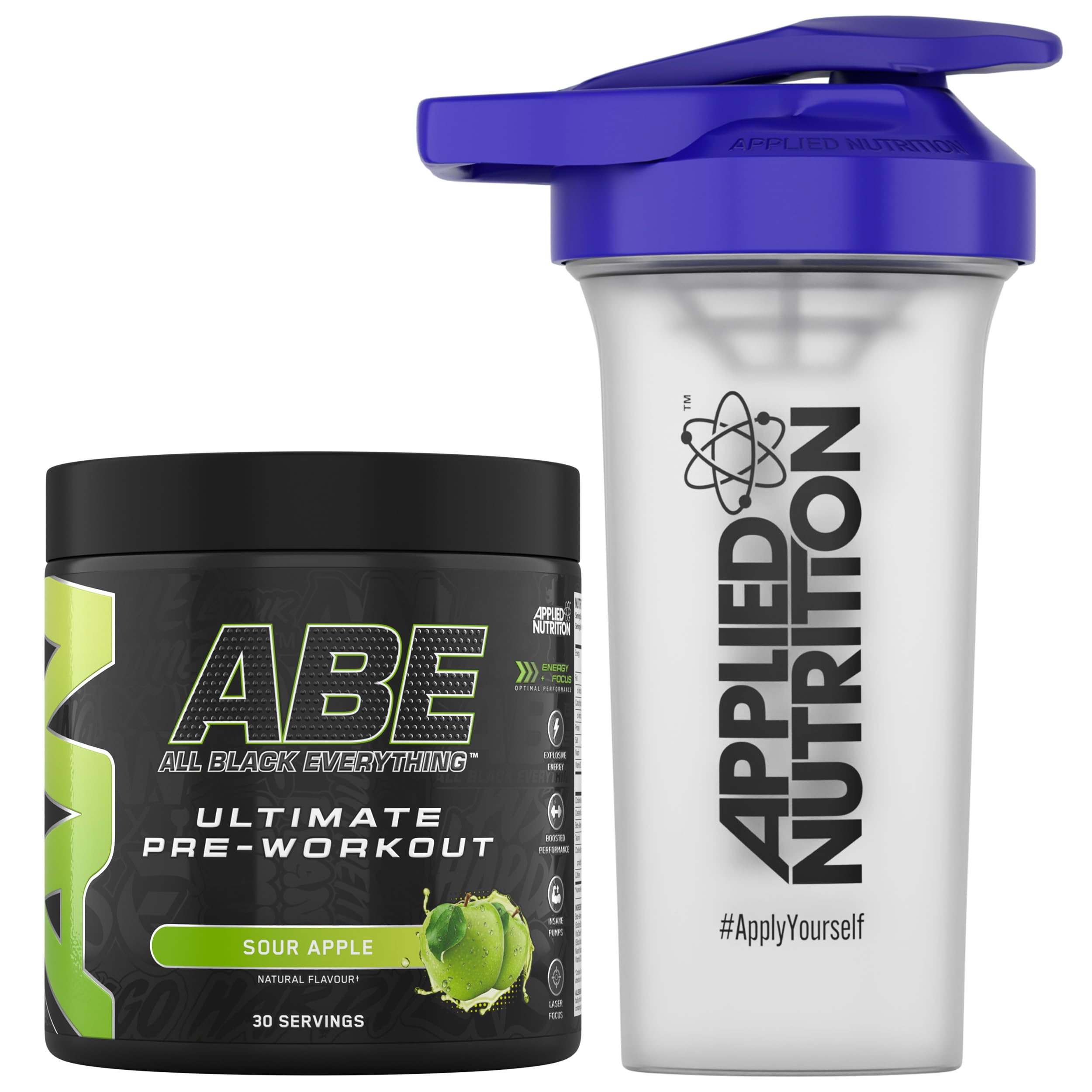 Applied Nutrition Bundle ABE Pre Workout 375g + 700ml Protein Shaker | All Black Everything Pre Workout Powder, Energy & Physical Performance with Creatine, Beta Alanine (Sour Apple)
