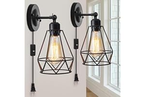 YXTH Plug in Wall Sconce, Industrial Sconces Wall Lighting, Vintage Wall Lamp with Plug in Cord, Rustic Black Wall Sconce Fixture, On/Off Switch Wall Light Fixture for Kitchen Bedroom Porch 2 Pack