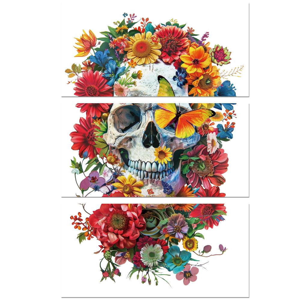 Peacoblue Rub on Transfer Decals for Furniture Crafts 6"x12", 3Pcs Skull and Flower Waterproof UV DTF Transfer Decals Sticker for Dresser Lingerie Chests Drawer Glass Porcelain Wood