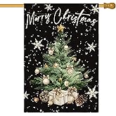 AVOIN colorlife Snowflake Merry Christmas House Flag 28x40 Inch Double Sided Outside, Winter Holiday Christmas Tree Yard Outdoor Flag Black