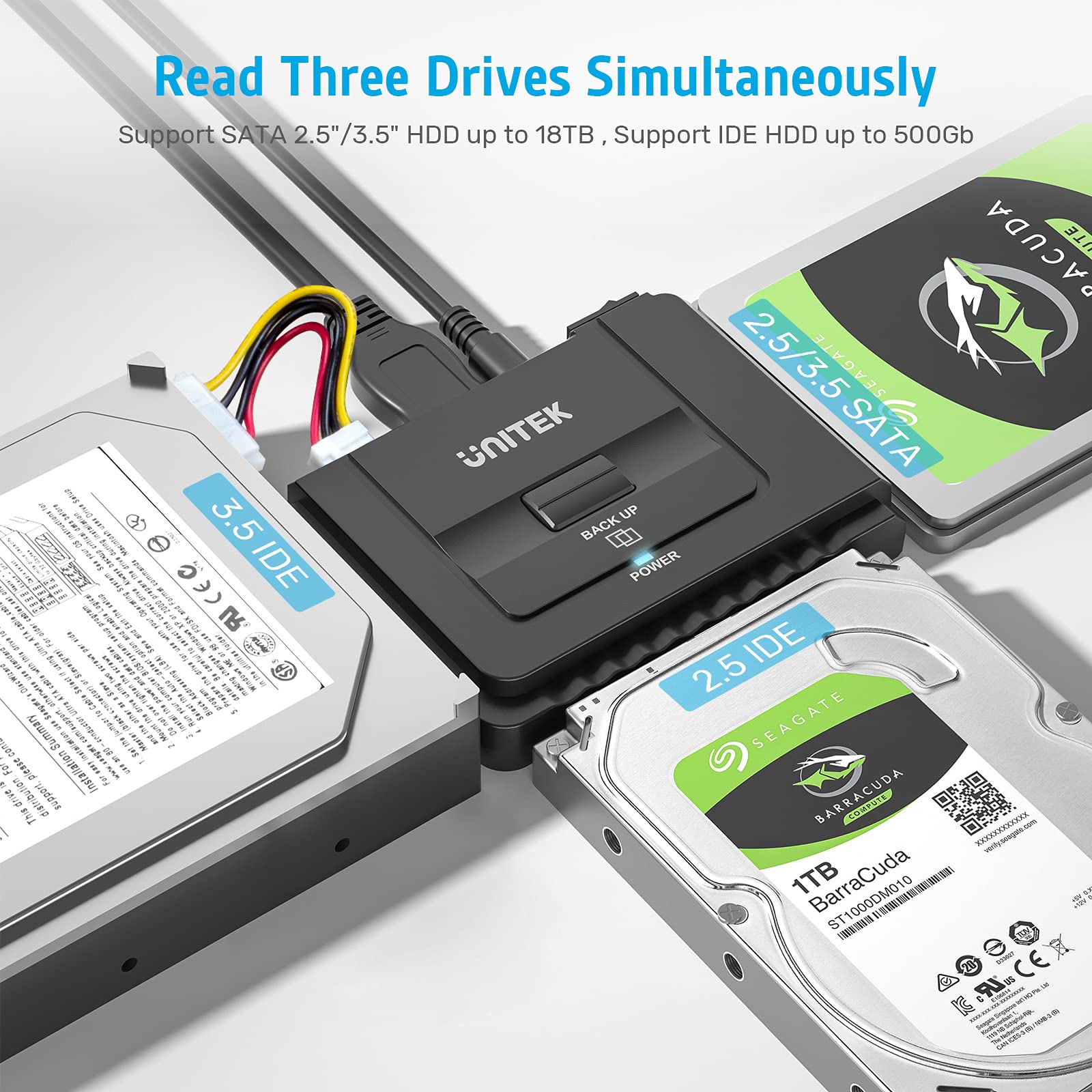 UNITEK USB 3.0 zu IDE SATA Konverter Externer Festplattenadapter für 2.5/3.5 Zoll HDD SSD Festplatten Unterstützung OTB mit Externe DC 12V 2A 4