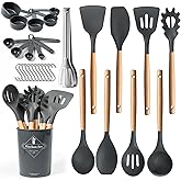 77L Silicone Cooking Utensils Set with Holder 32 PCS, Non-Stick Kitchen Cooking Utensils Set, Spatula, Turner, Tongs, Spatula, Spoon, Wooden Handle Kitchen Gadgets Utensil Set, Dishwasher Safe