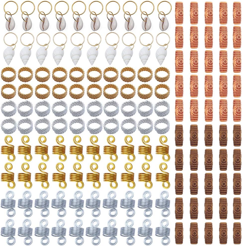 150 Pieces Dreadlocks Beads Imitation Wood Beads Alloy Hair Accessories Mixed Braid Rings Hair Jewelry Rings Decorations Pendants Imitation Spring Metal Cuffs