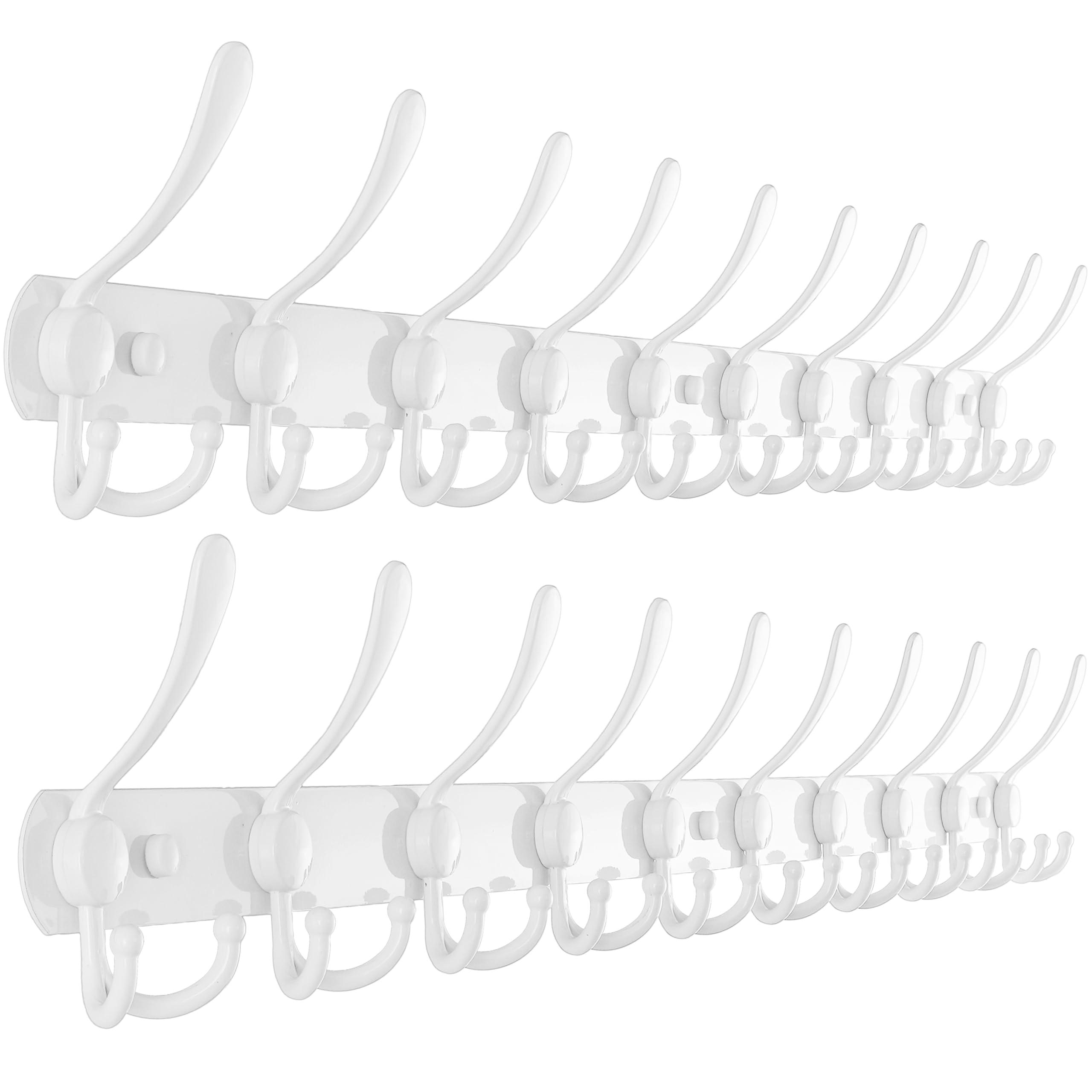 Dseap Wall Mounted Coat Rack - 96cm Long 10 Tri Hooks, Heavy Duty Stainless Steel Metal Coat Hanger Rail Wall Hooks for Coats Hats Clothing Clothes Purse Mudroom Entryway, White, Pack of 2