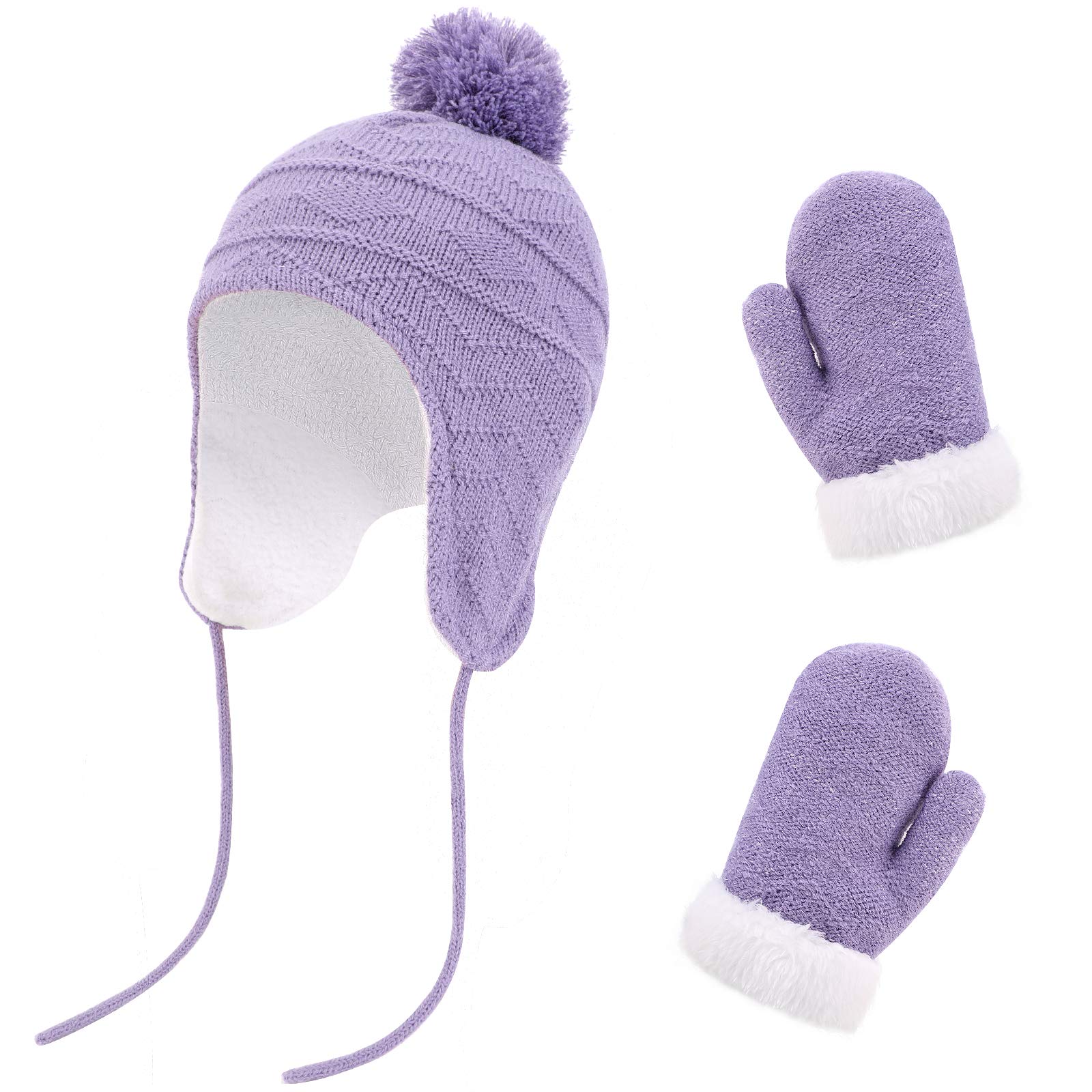 QKURT Baby Girl’s Beanie Cap Mittens Set, Chirldren Winter Thermal Mitten Caps Set with Earflaps Kids Hats Kids Gloves Fit for Age of 1~3 Years Old Girls Baby