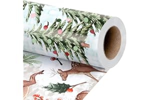 LaRibbons Reversible Christmas Wrapping Paper Roll with Pink Pom Pom, 30 Inch × 40 Feet (100 sq. ft. ttl.) Reindeer & Winter 
