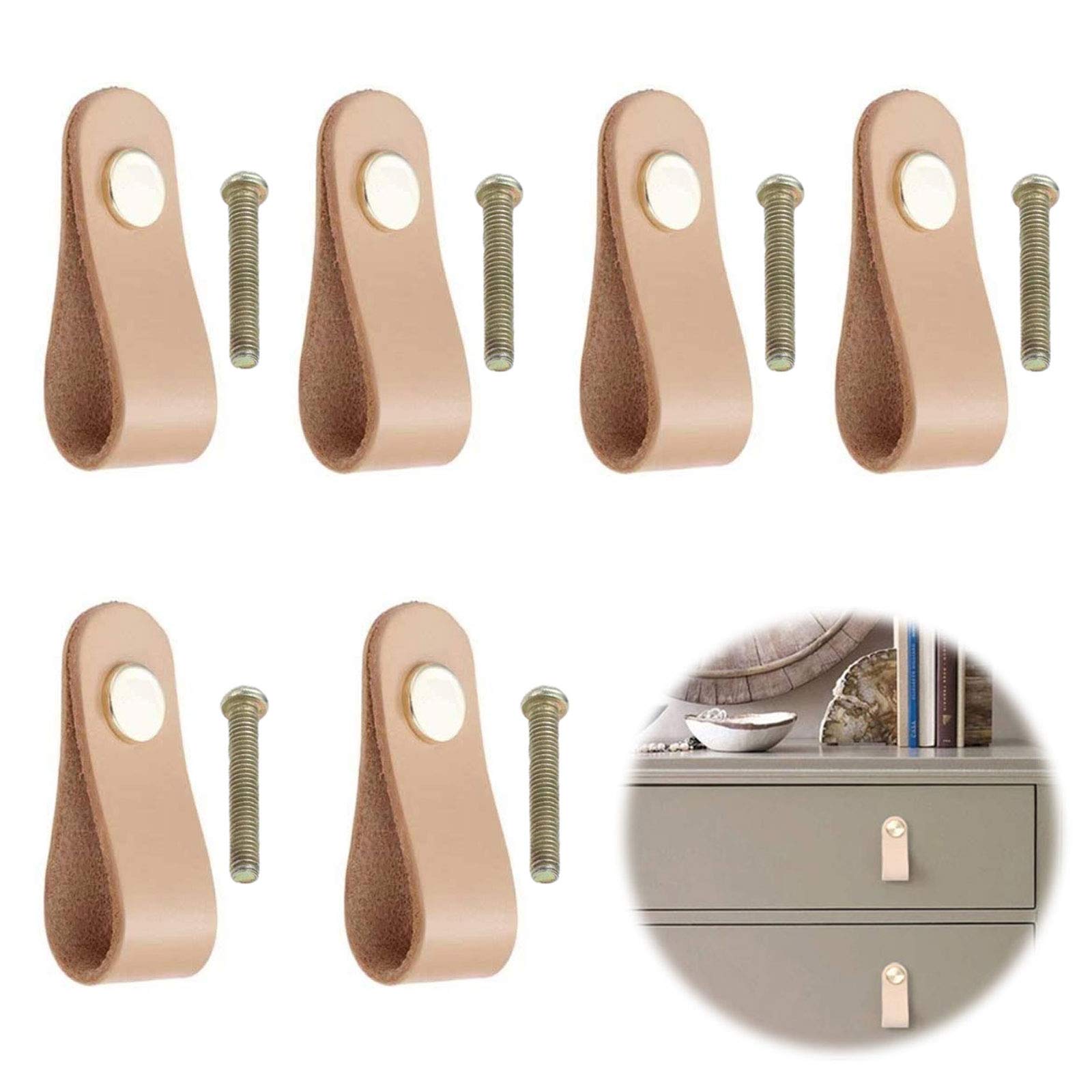 YCZCHE14 PU Leather Furniture Handles Drawer Pulls Cabinet Door Knobs Cabinet Pulls DIY Leather Wardrobe Handles Handles for Cupboards with Screws for Cabinets Wardrobe Drawer Kitchen Door 6 Pieces