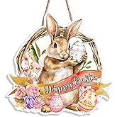 Happy Easter Door Sign, Rabbit Egg Easter Wall Decorations, Bunny Wooden Hanging Sign for Spring Holiday Indoor Outdoor Home Porch Window Hanger Decor