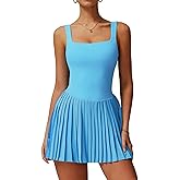 QBGJTD Womens Tennis Golf Dress with Built-in Bra Shorts Backless Square Neck Pleated Hem Athletic Dresses with Pockets