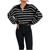 OYOANGLE Women's Striped Knit Sweaters Lapel V Neck Long Sleeve Crop Pullover Jumper Tops