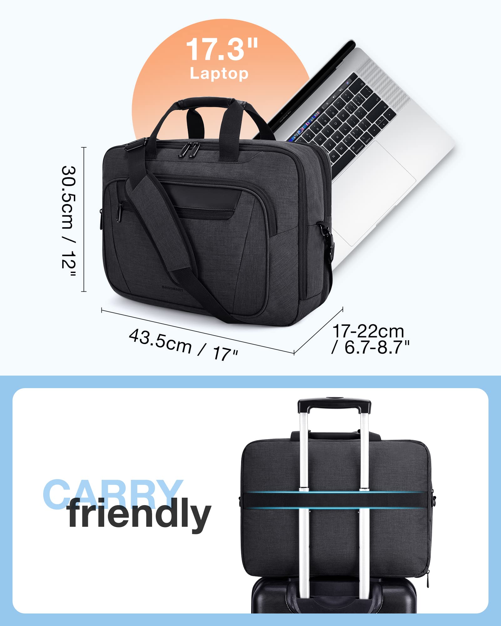 BAGSMART 17.3 Inch Laptop Bag, Expandable Computer Bag Men Women, Laptop Briefcase Laptop Shoulder Bag, Work Bag Business Travel Office - Black